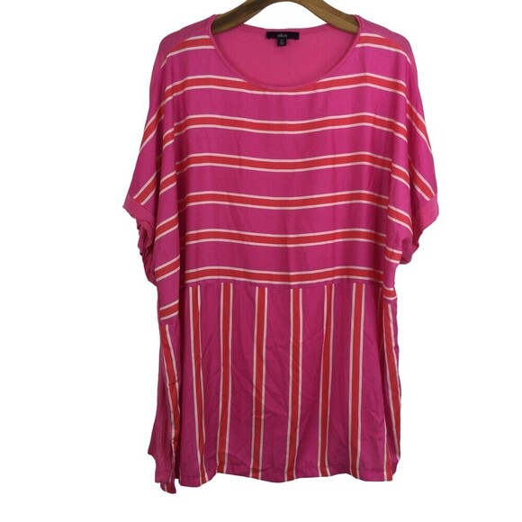Ellos Womens Striped Short Sleeve Round Neck Tunic Blouse Top Pink Plus Size 1X - Picture 1 of 6